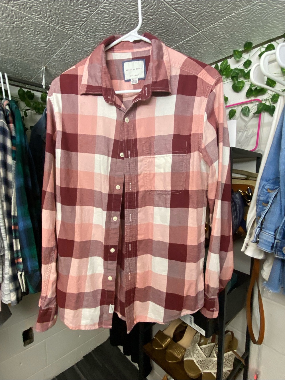 American Eagle Outfitters Pink and Burgundy Plaid Button-Down Shirt